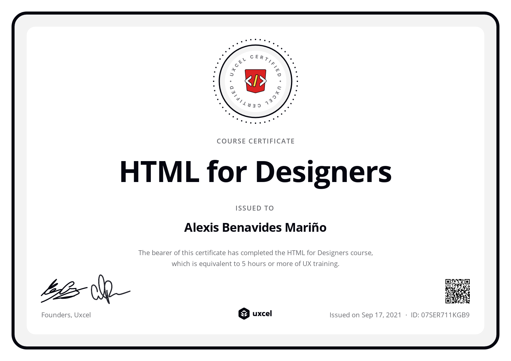 Alexis Benavides Mariño's certificate